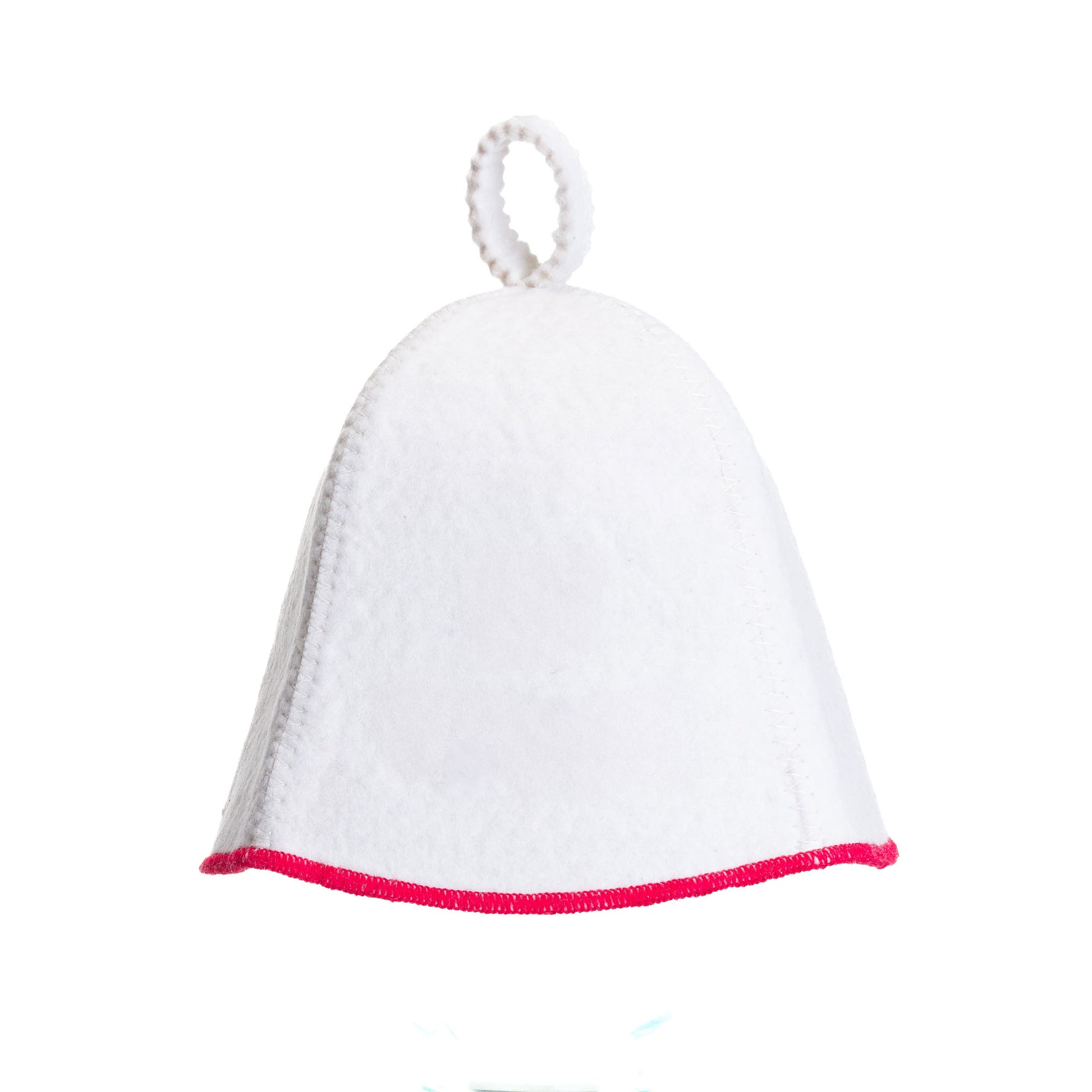 White felt sauna hat with red trim on a white background