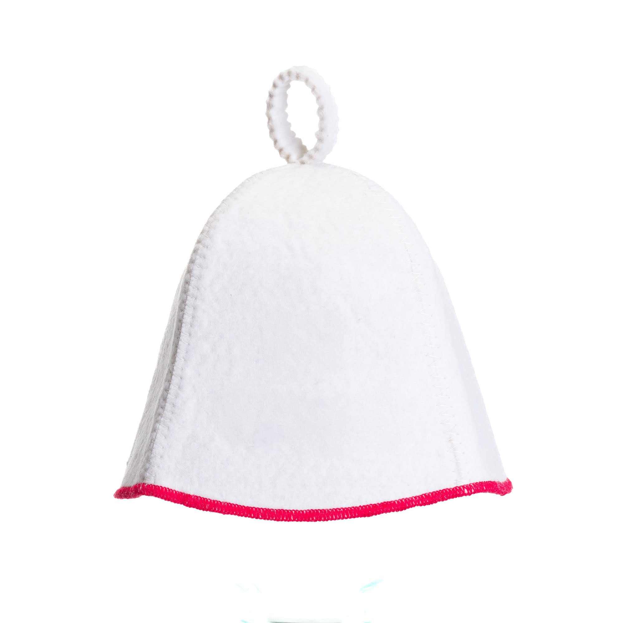 White felt sauna hat with red trim on a white background
