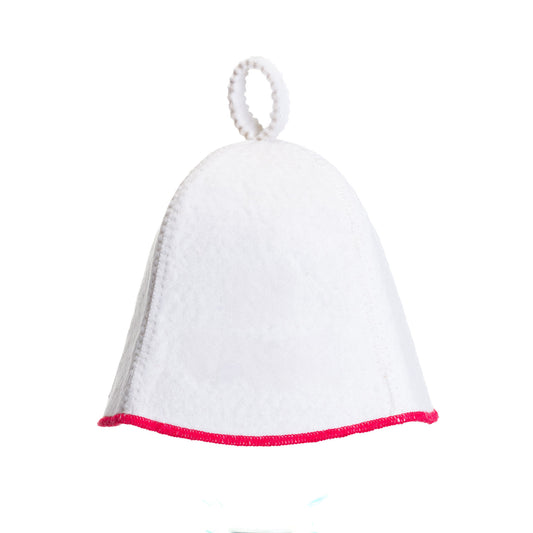 White felt sauna hat with red trim on a white background