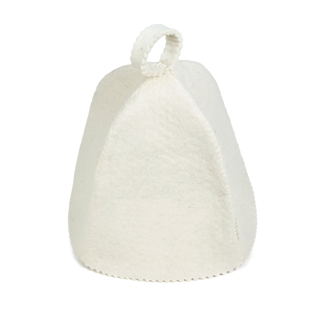up view angle view of white felt sauna hat