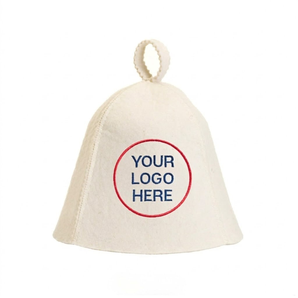 Front view of white wool sauna hat with custom logo embroidery on a white background