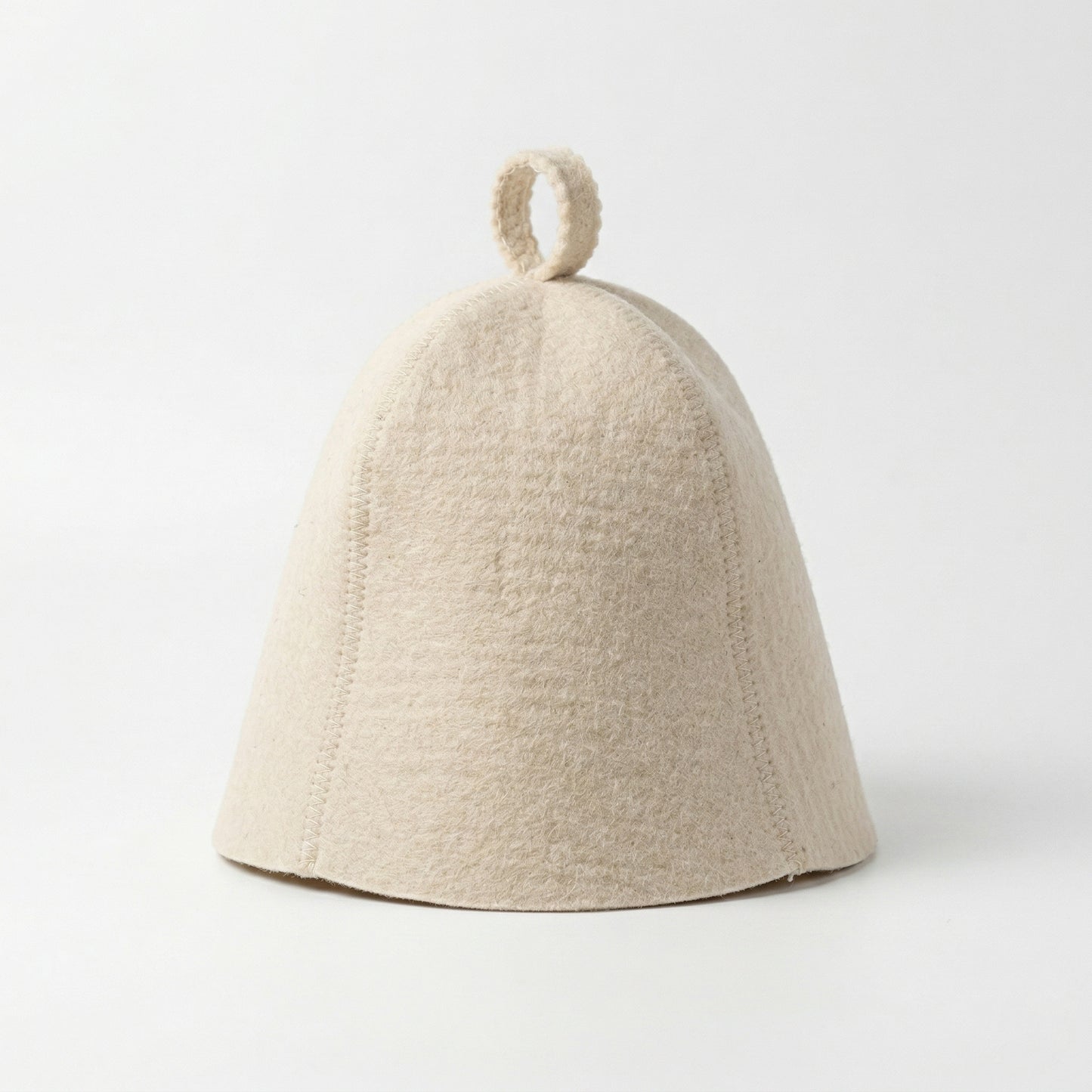 Front view of white wool sauna hat on a white background