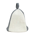 White and gray textured wool sauna hat on a white background