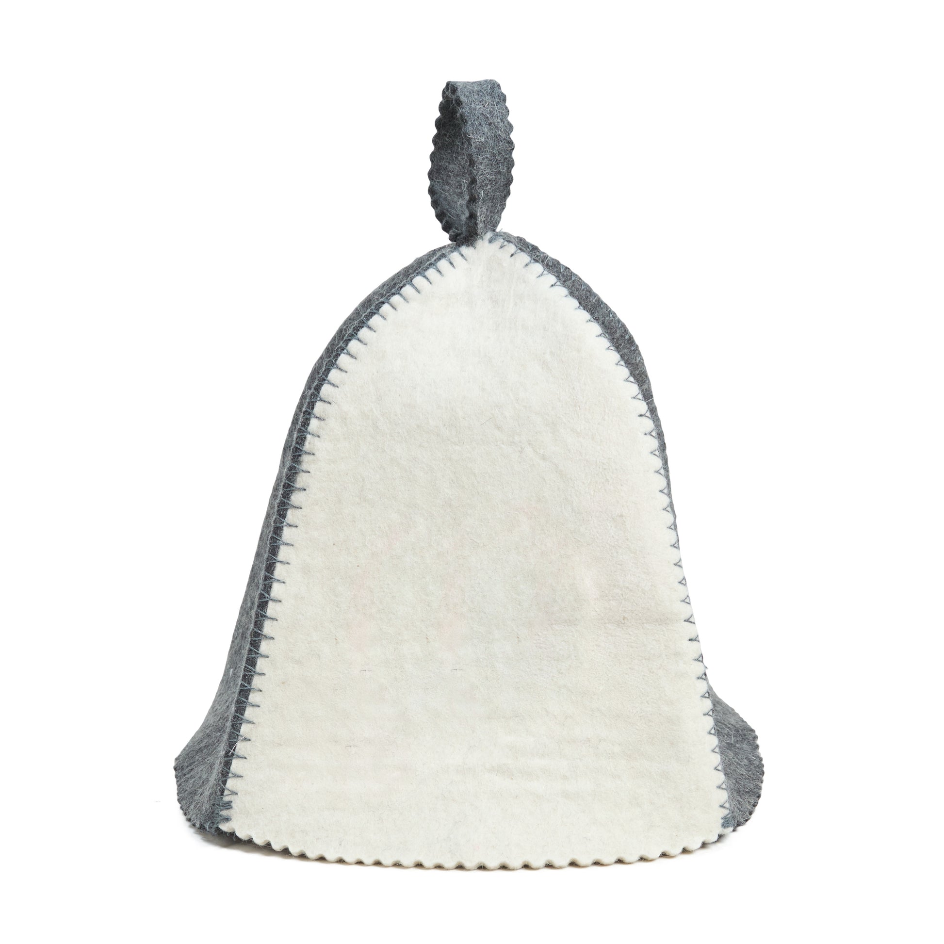 White and gray textured wool sauna hat on a white background