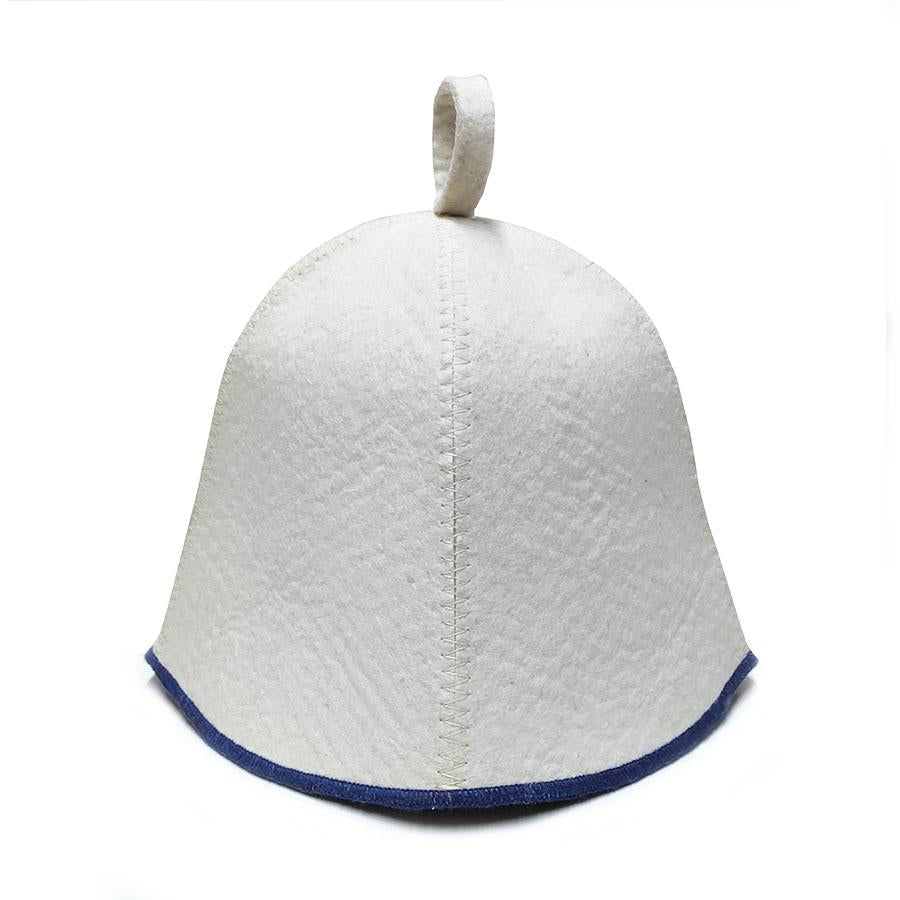 white sauna hat with blue trim on a white background