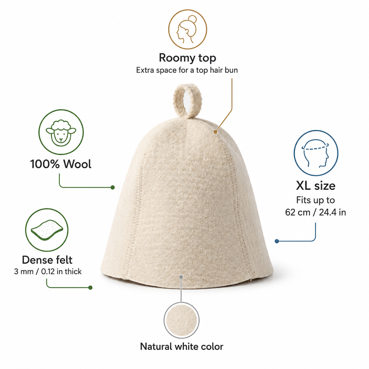 XL natural white wool sauna hat with roomy top for a hair bun, dense 3 mm felt, 100% wool construction, and fit up to 62 cm or 24.4 inches.